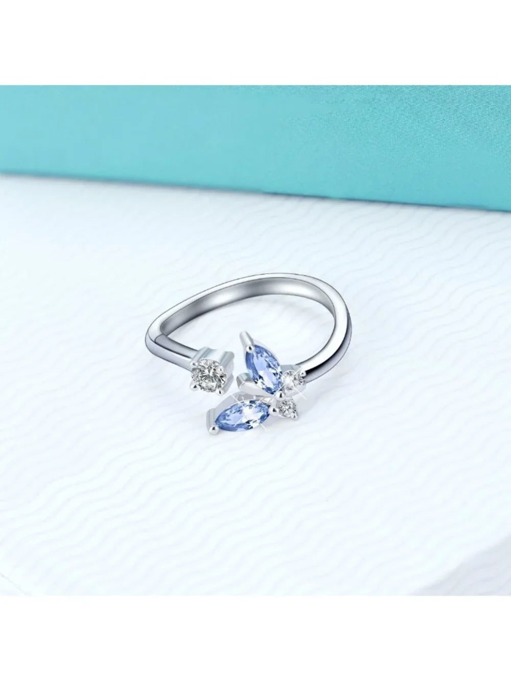 Sterling Silver Butterfly Adjustable Ring with Austrian Crystal, Size 6-10, Gift